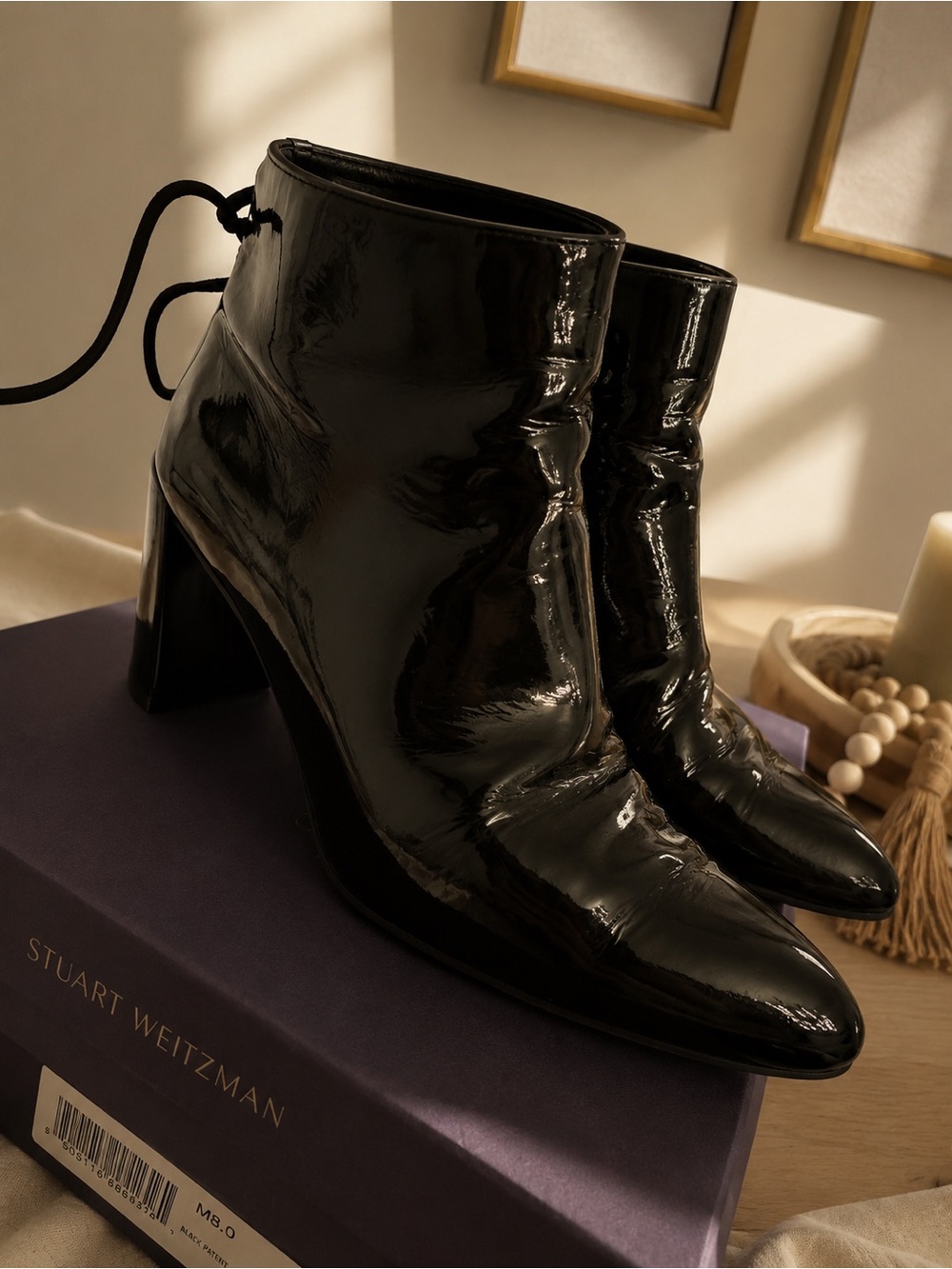Stuart Weitzman Glossy Black Patent Ankle Booties